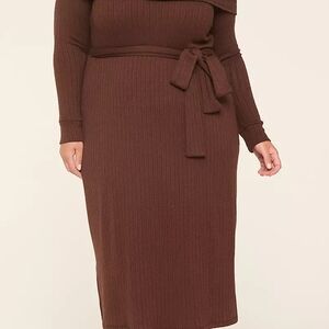 Brown Ribbed Knit Dress with Belt